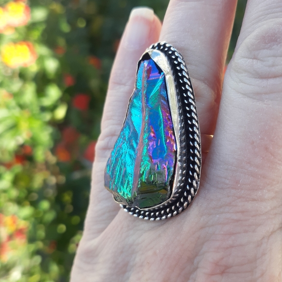 New Rainbow Titanium Crystal Quartz 925 Silver Ring. - Picture 1 of 8